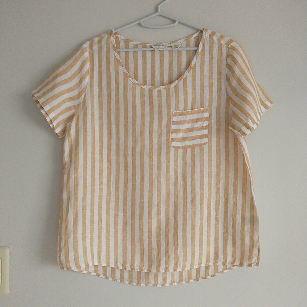 Christian Siriano Blouse Top Womens S/M*100%Linen Pocket Tan Striped Oversized